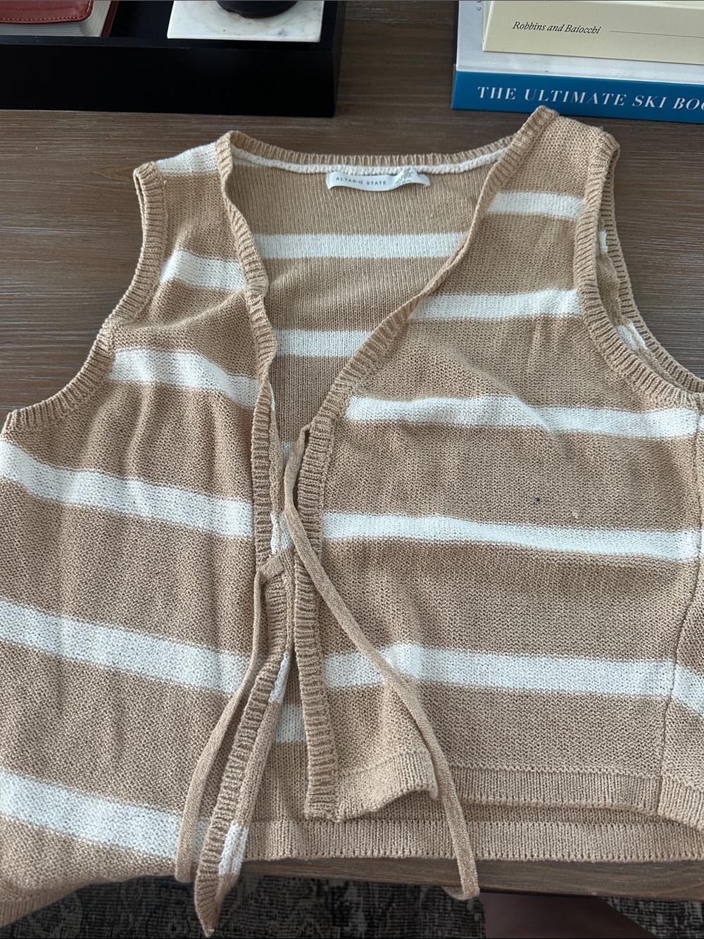 Altar'd State Cream and Tan Striped Tie-Front Knit Vest